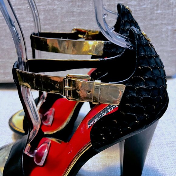 Vintage CHARLES JOURDAN PARIS Open Toe Leather T-Strap Platform High Heels Black - Picture 4 of 15